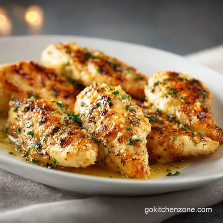 Sliced seared chicken breasts over creamy mashed potatoes, drizzled with butter sauce and sprigs of fresh thyme