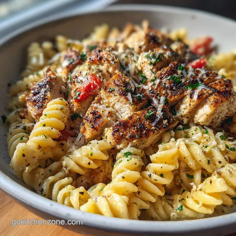 Perfectly plated chicken pasta. The glistening sauce coats each strand, topped with shaved parmesan and fresh herbs.