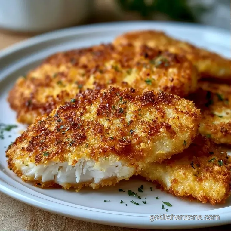 Two crispy golden fish fillets plated with steamed asparagus and a bright yellow lemon wedge on a blue plate.