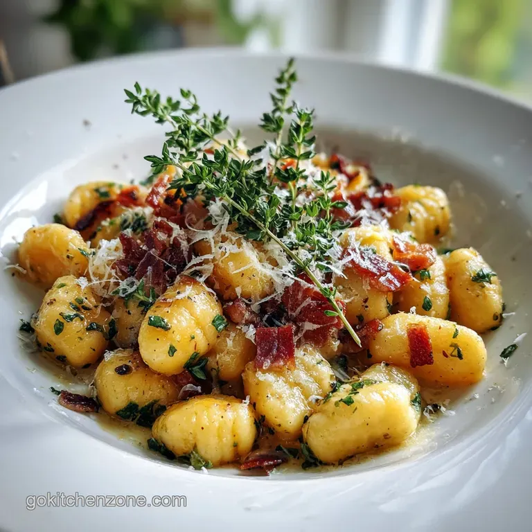 Elegant plate of gnocchi carbonara; rich, glossy sauce clinging to delicate pasta, topped with vibrant yolk and parsley.