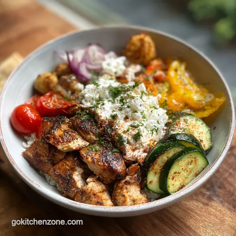A beautifully plated Greek chicken bowl featuring tender chicken, bright vegetables and creamy sauce drizzle.