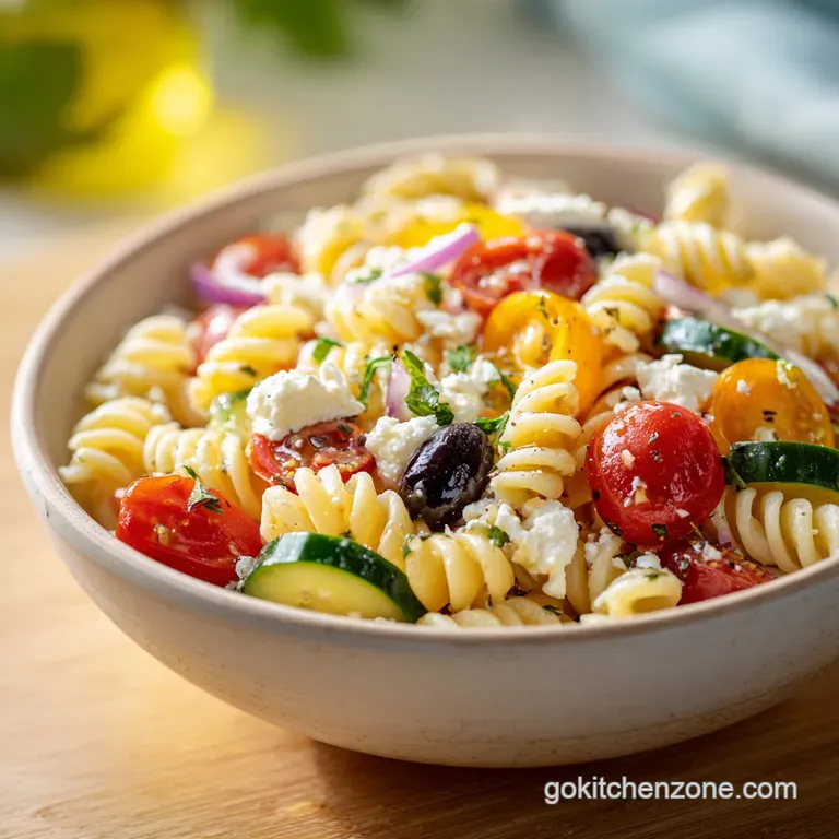 A single serving of Greek pasta salad, overflowing with colorful ingredients and topped with a generous crumble of salty f...