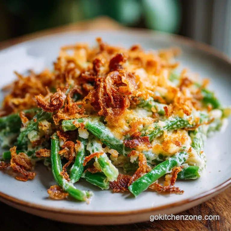 A spoonful of green bean casserole is lifted, showing the creamy sauce, bright green beans, and golden onion topping.