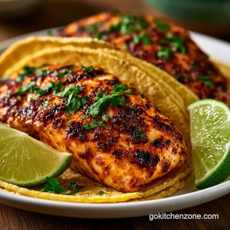 Three charred fish tacos on a slate platter with bright lime wedges and fresh cilantro sprigs on the side.