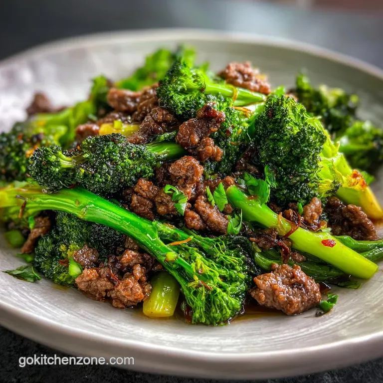 Steaming pile of savory ground beef and vibrant green broccoli, artistically arranged on a plate with sprinkled sesame seeds.