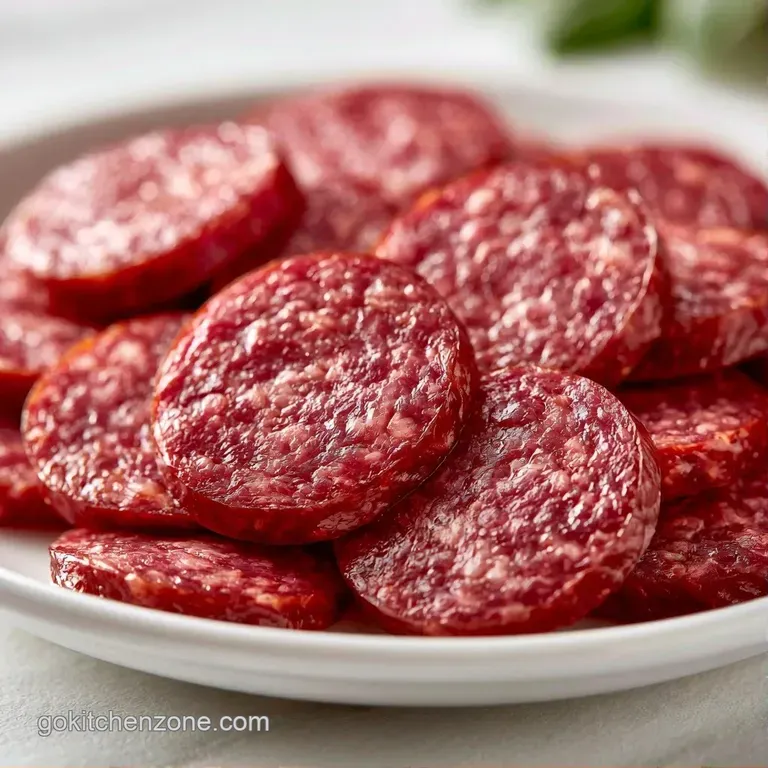 Neatly arranged circles of smoked beef sausage paired with sharp cheddar cubes and grainy mustard on a white plate.