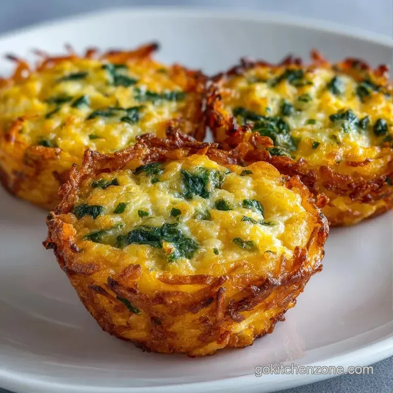Three golden potato crusts with soft eggs topped with sliced green scallions on a minimalist white ceramic plate.