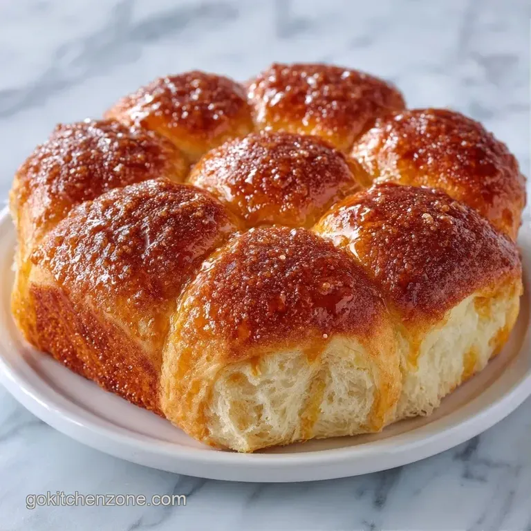 Buttery, toasted rolls stacked on a ceramic plate with glistening syrup and a cluster of fresh red berries.