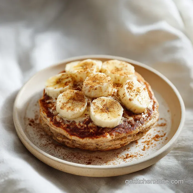 A neat stack of light brown pancakes on a white plate, adorned with vibrant yellow banana coins and a maple syrup drizzle.