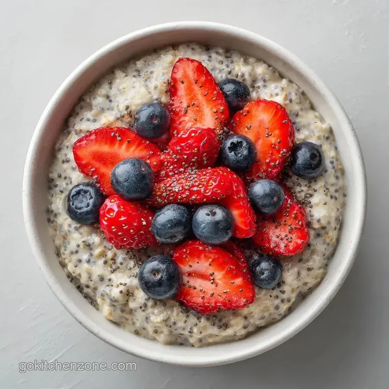 Layered chilled oats in a glass jar with vibrant mixed berries and a sprig of mint on a bright marble surface.