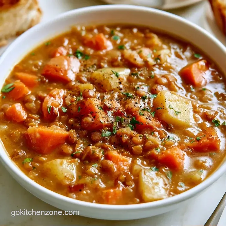 Elegant bowl of earthy brown lentil stew with soft potato cubes, garnished with fresh herbs on a marble tabletop.