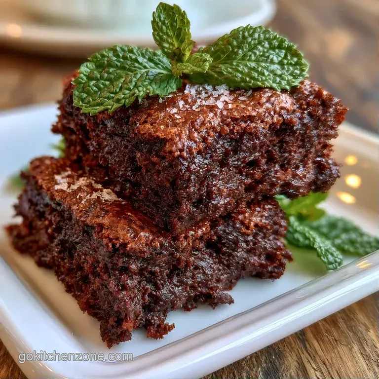A stack of dark chocolate squares dusted with powdered sugar and a fresh mint leaf on a clean white ceramic plate.