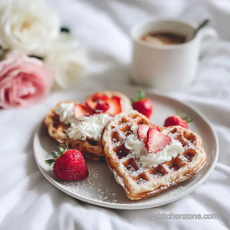 Elegant Galentine's waffle presentation: Heart-shaped waffles drizzled with syrup, adorned with fresh raspberries and a du...