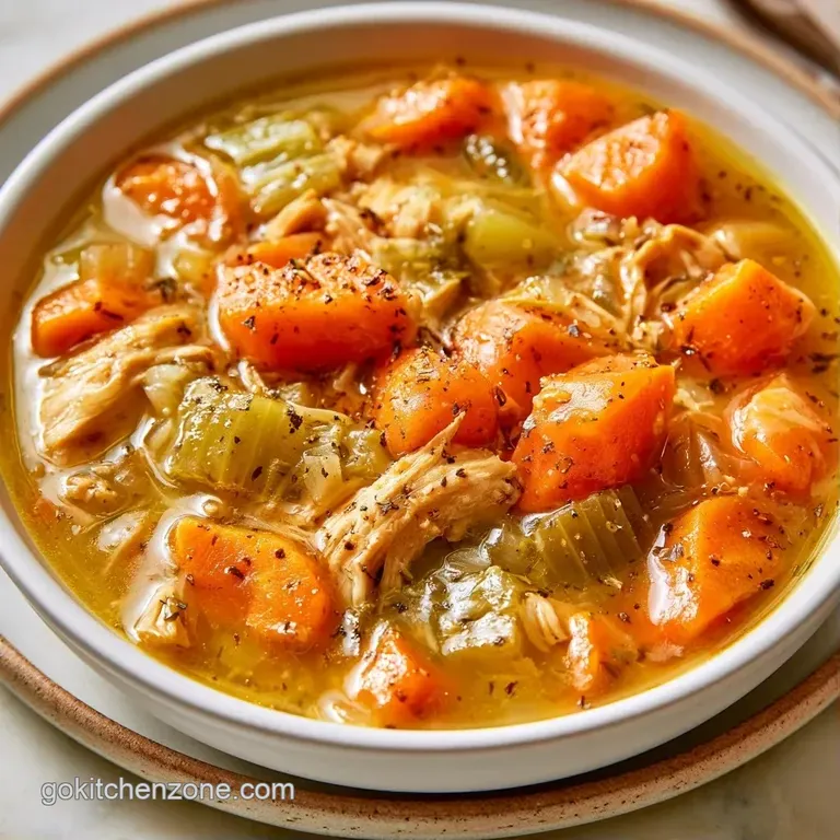 A rustic ceramic bowl of chunky vegetable soup served with a toasted sourdough slice on a dark wood table.