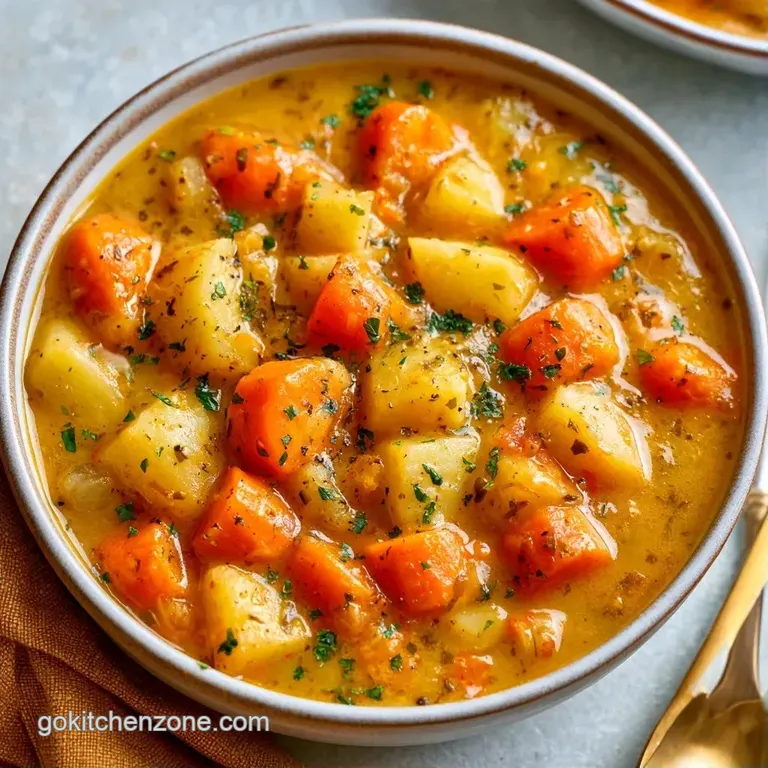 A rustic ceramic bowl of chunky vegetable stew served with a slice of toasted sourdough and a sprinkle of parsley.