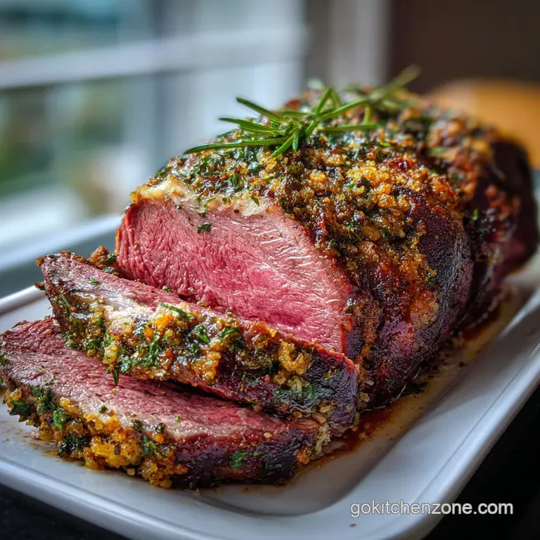 A slice of tender, pink herb-roasted beef with glistening juices atop creamy mashed potatoes and bright green asparagus.