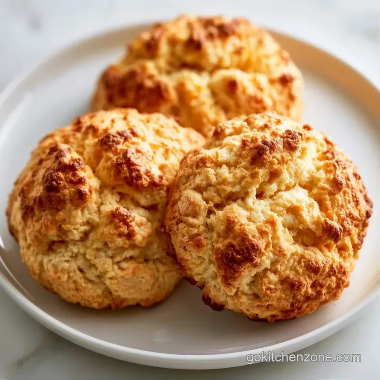 Three fluffy, golden-brown biscuits stacked on a white ceramic plate with a swirl of honey and fresh berries.