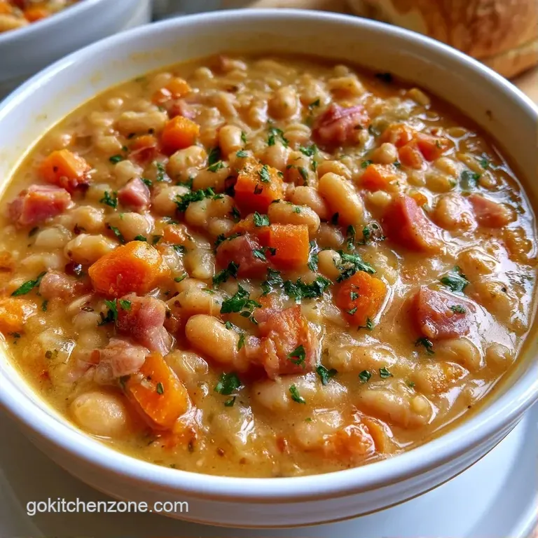 Thick, hearty bean stew in a matte grey bowl, garnished with chopped herbs and a side of warm, buttery toasted bread.