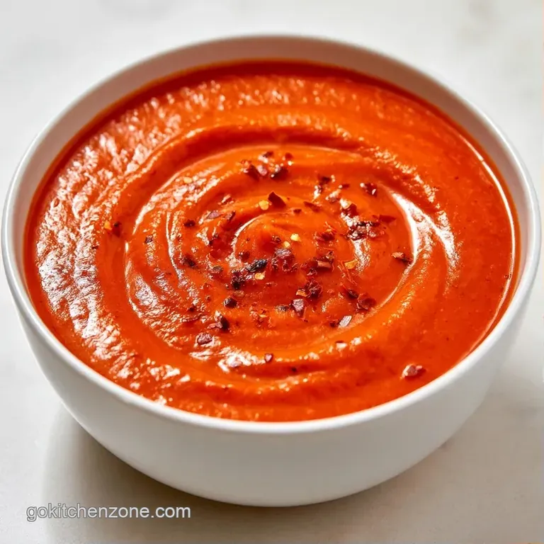 Vibrant red soup in a white ceramic bowl paired with golden toasted sourdough and a fresh sprig of green basil.