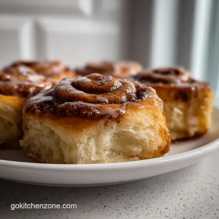 A single, warm cinnamon roll on a white plate, the glaze melting slightly. Flaky layers and a dusting of cinnamon sugar.