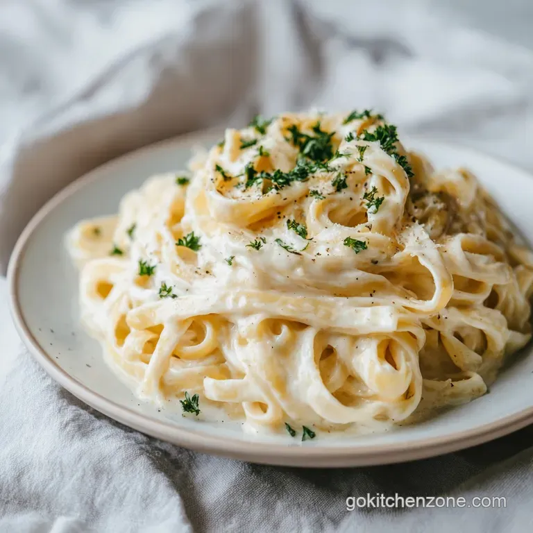 A swirl of fettuccine Alfredo, glistening with sauce, topped with fresh parsley.