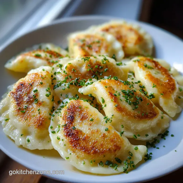 Two plump pierogi glistening with butter, resting on a white plate. Sprigs of dill and a dollop of sour cream complete the...