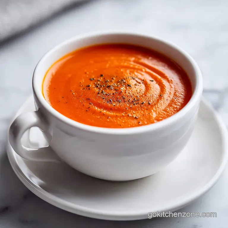 Smooth, rich tomato soup in a porcelain bowl, garnished with bright green basil and a drizzle of olive oil on a wooden table.