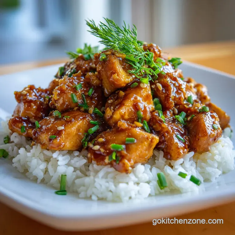 Close-up of honey garlic chicken served over fluffy white rice. Steaming with juicy, glazed appearance, garnished with sca...