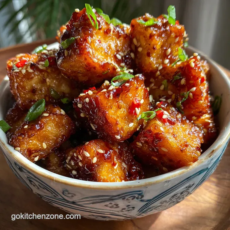 Crisp tofu, saucy and shiny, piled artfully on white rice with a side of vibrant green broccoli florets on a modern plate.