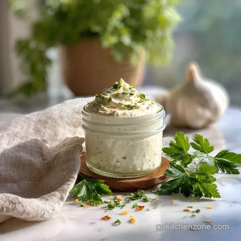 Dollop of snowy-white cream sauce beside a perfectly grilled steak, hinting at a cool, tangy contrast. Fresh green herbs c...