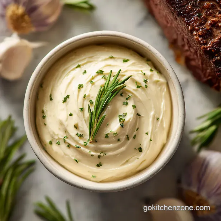 Elegant white ramekin filled with a thick, textured horseradish sauce. A deep crimson prime rib slice sits beside, offerin...