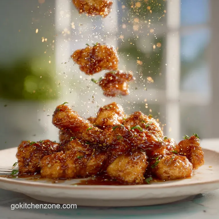 Crispy fried chicken pieces arranged on a rustic wooden board, glistening with hot honey and garnished with fresh herbs.
