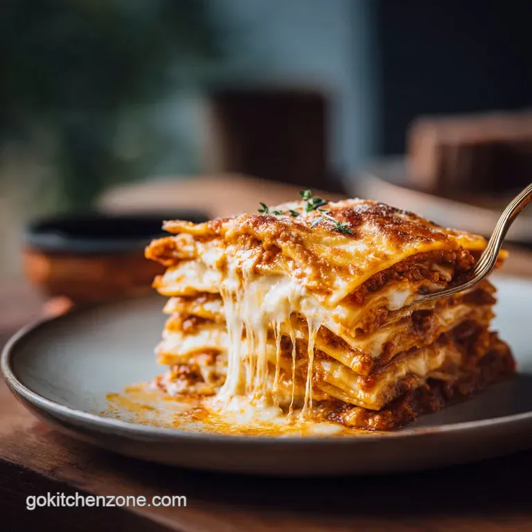 A generous slice of cheesy baked pasta with crispy edges, presented elegantly on a white plate.