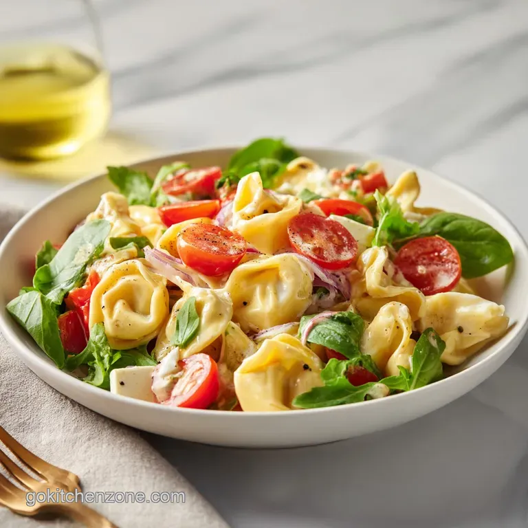 Elegant serving of tortellini salad: al dente pasta, colorful veggies, and a light, creamy dressing, perfect for lunch.