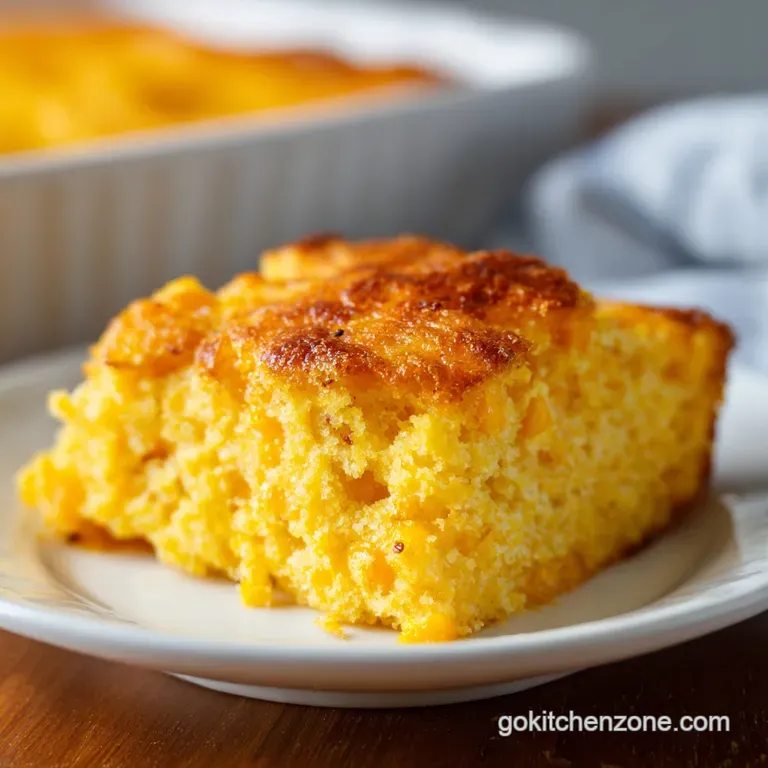 Individual serving of moist corn casserole with a spoon, steam rising. Yellow and white hues. Baked until slightly crisp o...