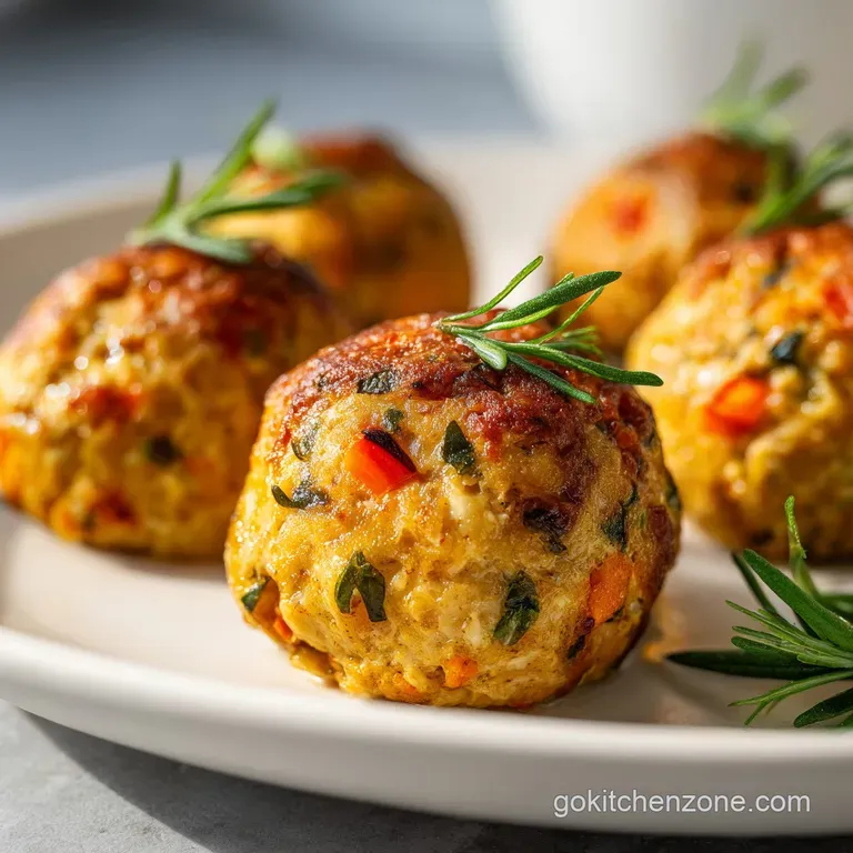 A golden-brown turkey meatball rests on a fluffy bed of pasta, drizzled with sauce and garnished with basil.