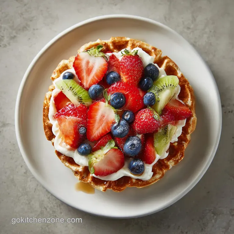 A single golden waffle, perfectly crisp, topped with vibrant strawberries and a dusting of powdered sugar.