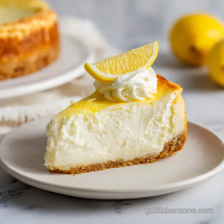 A slice of smooth, white cheesecake artfully arranged with fresh raspberries and a dusting of powdered sugar.
