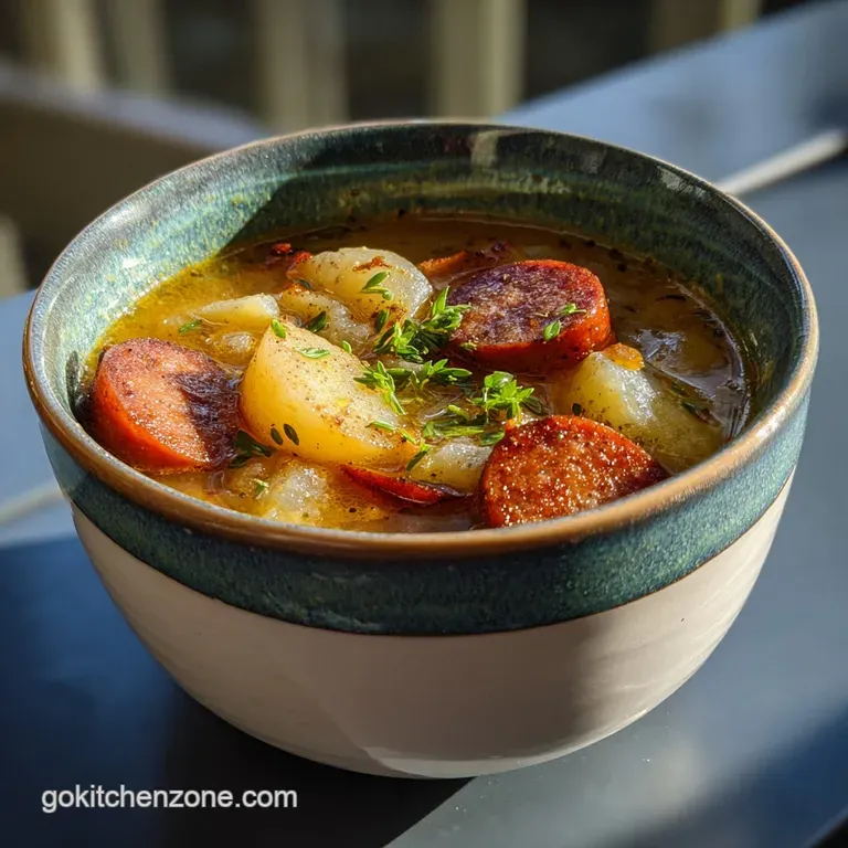 A steaming bowl of chunky potato soup featuring browned kielbasa. Fresh parsley & a swirl of cream elevate the rustic feel.