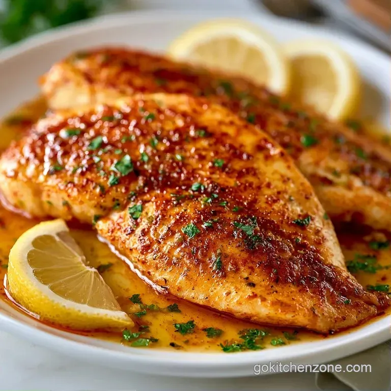 Flaky white fish fillets topped with melted butter, sliced lemons, and garlic cloves on a minimalist blue plate.