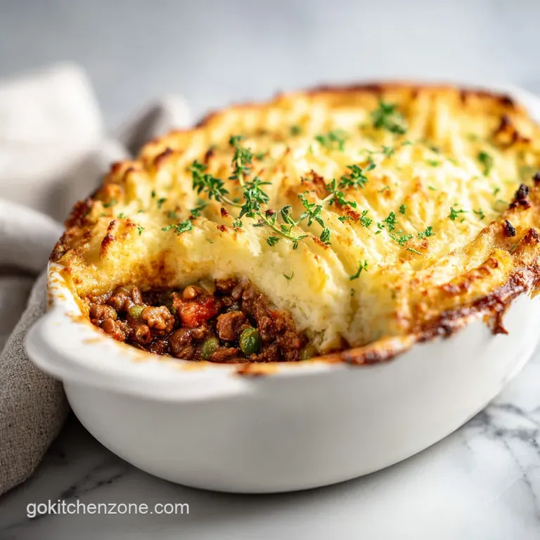 Individual ramekin of shepherd's pie. Steaming lentil filling topped with piped, golden mashed potatoes, lightly browned a...