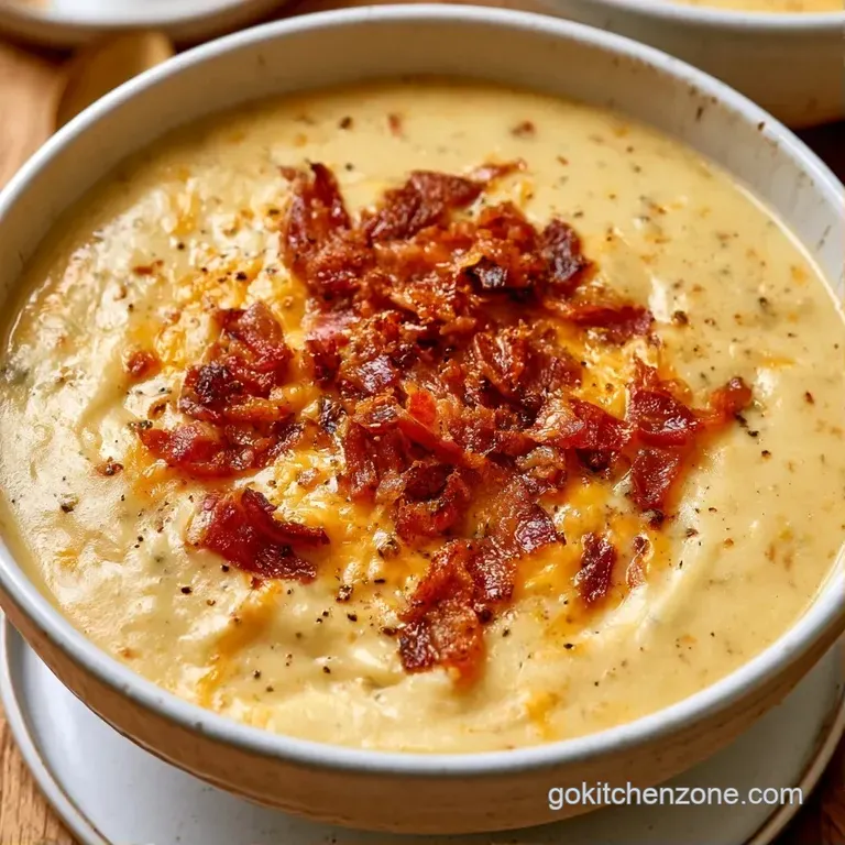 A white ceramic bowl of ivory soup topped with melted cheese and bacon, set on a rustic wooden table with a spoon.