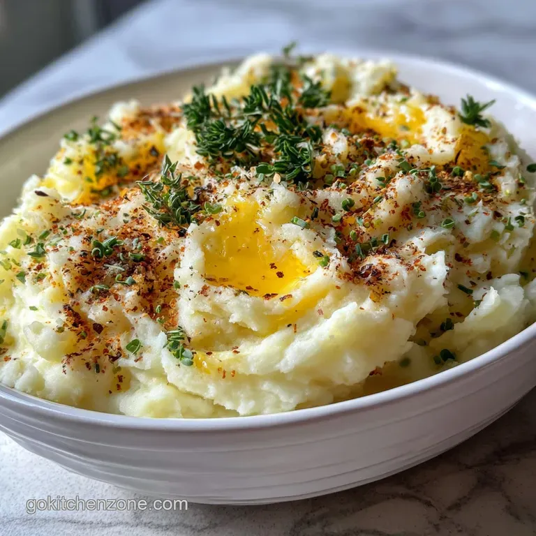 Pillowy mashed potatoes, artfully piped and topped with savory bacon crumbles, melting cheese, and vibrant green herbs.