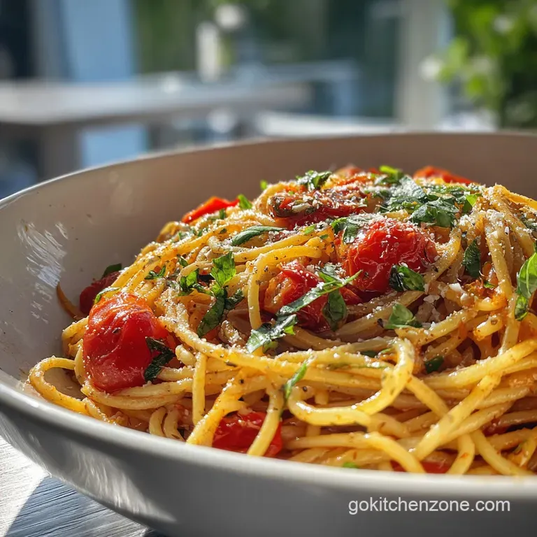 Elegant swirl of Mediterranean pasta with visible herbs, plated with a sprinkle of parmesan and a drizzle of olive oil.
