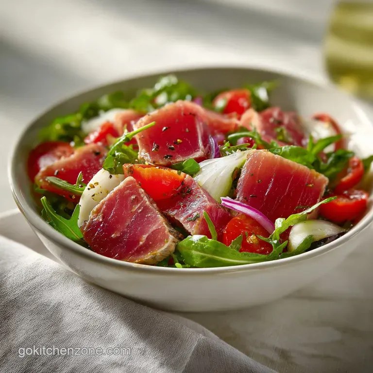 A vibrant plate of tuna salad with crisp lettuce cups, juicy tomato wedges, and lemon. The dish looks appetizing and fresh.