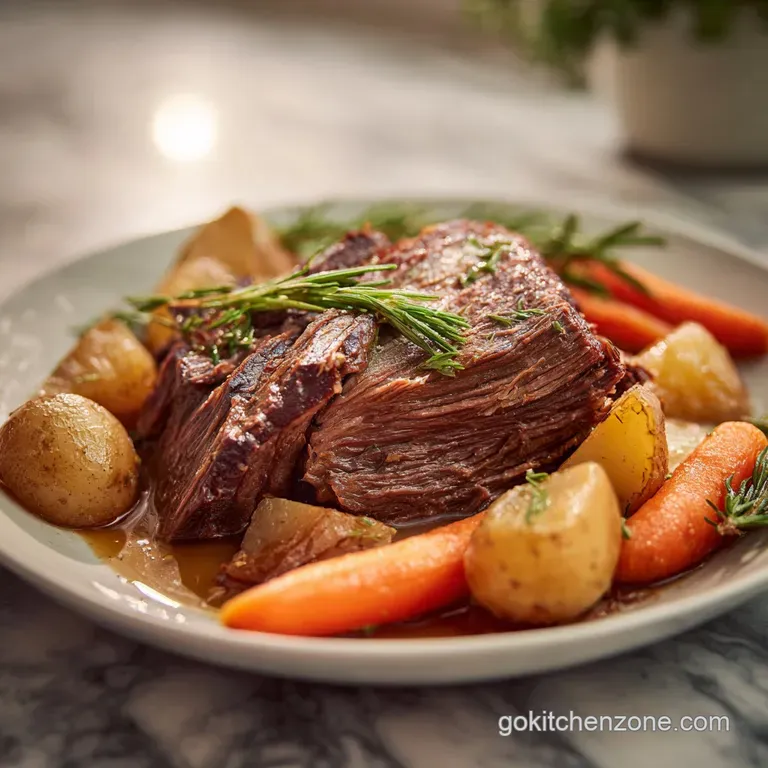 Tender, juicy pot roast shreds on a plate, bathed in rich gravy, alongside carrots and peppers with fresh parsley sprig.