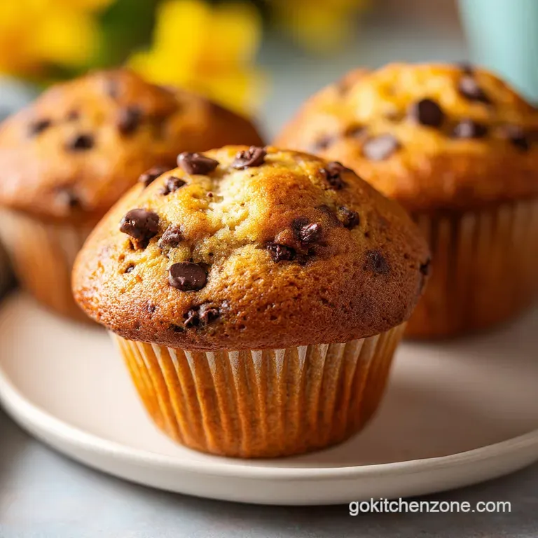 Warm banana chocolate chip muffin on a white plate. Soft crumb, hints of banana, and gooey melted chocolate visible.