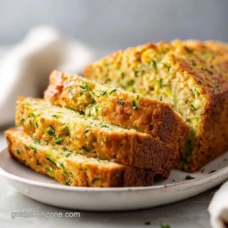 Slice of rustic zucchini bread on a linen napkin. Streaks of dark walnuts and green zucchini contrast the golden color.