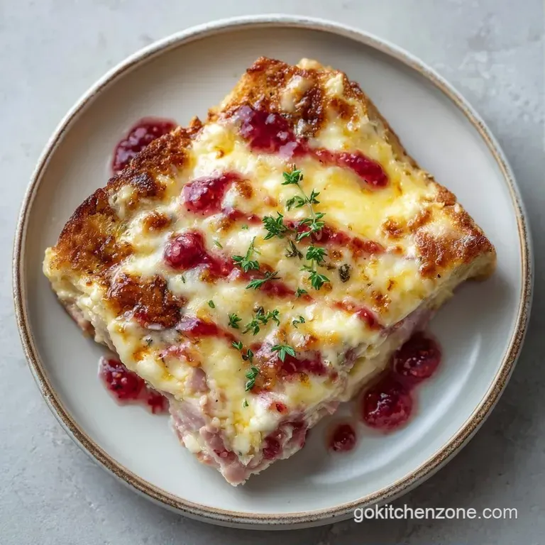 A square slice of savory bread pudding with powdered sugar on a white plate beside a glossy dollop of red jam.