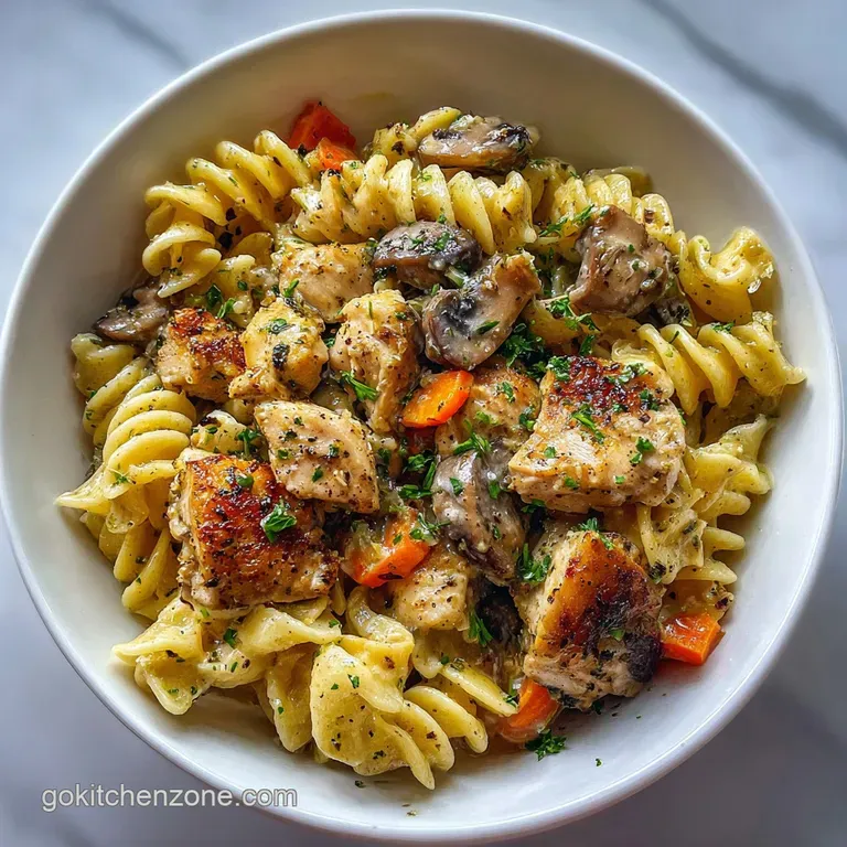 A single serving of pasta, chicken, and mushroom sauce artfully plated, garnished with fresh herbs and a drizzle of olive ...